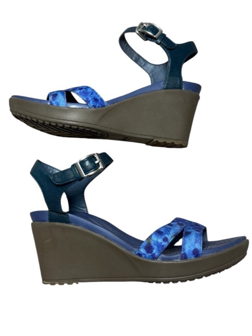 Crocs Leigh II Ankle Strap Wedge Sandal Womens Nautical Navy/ Walnut